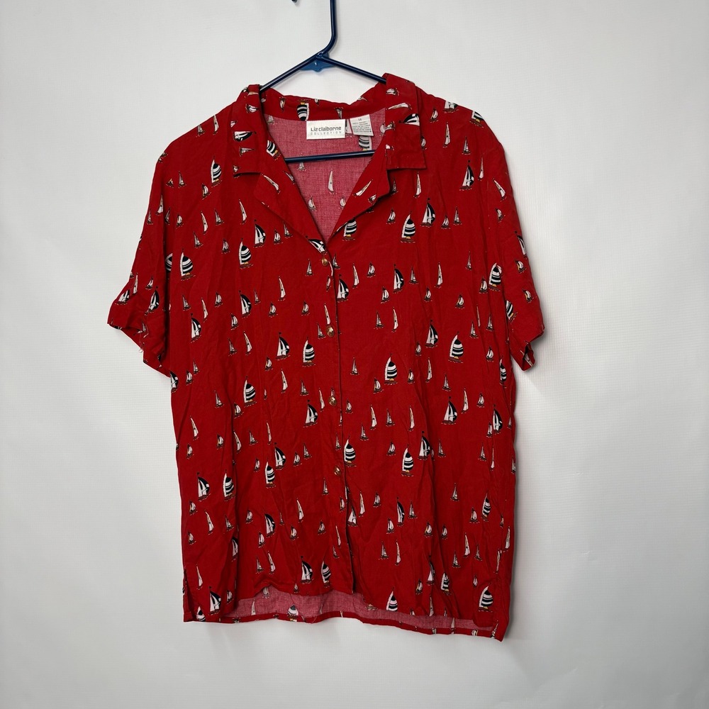 Liz Claiborne Vintage Red Sailboat Print Rayon Button Down Camp Shirt Size 14